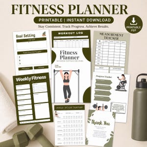 Könnte beinhalten: Eine Sammlung von druckbaren Fitnessplaner-Seiten in Grün und Weiß. Die Seiten enthalten Abschnitte für die Zielsetzung, Trainingsprotokolle, Messverfolgung und Wasseraufnahme. Der Text oben lautet "FITNESS PLANNER".