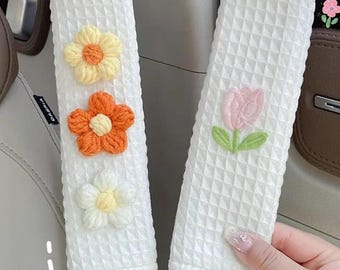 Flower Embroidered Seat Belt Cover, Plush Shoulder Strap Cushion, Car Accessory