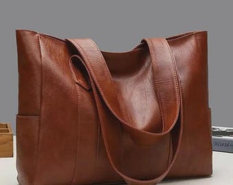 Personalized Soft PU Leather Tote Bag, Minimalist Everyday Shoulder Handbag