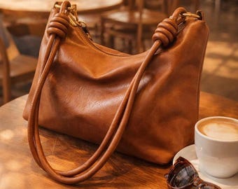 Leather Shoulder Bag Soft Slouchy Handbag Minimalist Purse for Women