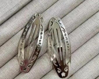 Silver Tone Decorative Snap Hair Barrettes, Retro Style Pair (3/4" x 2 1/4")