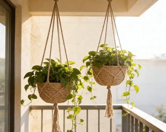 Handwoven Jute Plant Hanger, Handmade Rustic Indoor Outdoor Planter Basket