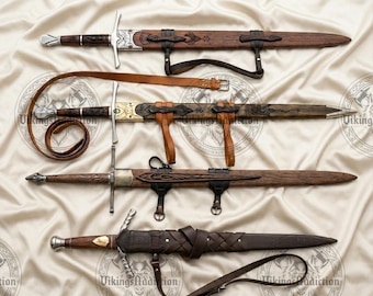 Espada larga vikinga forjada a mano / Acero de Damasco, nogal, esmeraldas (incluye vaina) Regalo para padrinos de boda