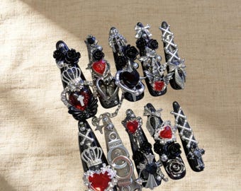 Custom Handmade Press on Nails, Black Red Glitter Gradient Lace, Japanese Style Fake Nails