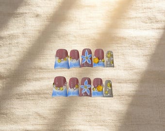 手描きフレンチリリーフラワーのプレスオンネイル、3D彫刻フローラルアイスクリスタル効果