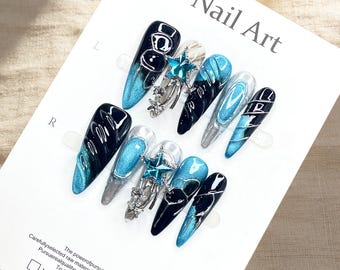 Cyber Black Blue Liquid Metal Star Press On Nails – Odważny projekt szpilek