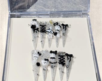Black White Hello Kitty 5.5inch Extra Long Stiletto Press On Nails, Y2K Millennium Bling Handmade False Nails, US Ship