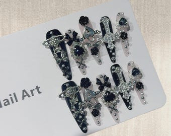 Pink Black Gyaru Stiletto Press On Nails – Japanese Dark Handmade Custom Set