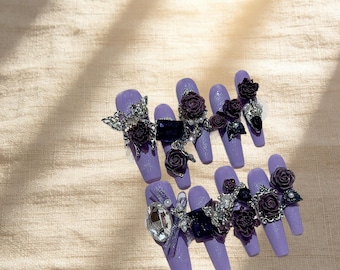 Midnight Rose 3D Luxury Press on Nails – Moon Palace Collection, Custom Size