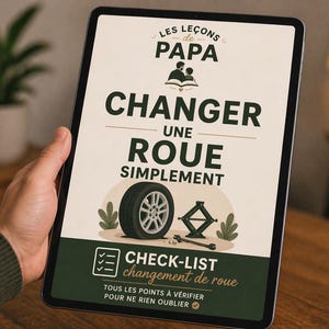 Peut inclure: Une tablette affiche un guide intitulé « Les Leçons de Papa » expliquant comment changer un pneu. Le design comprend des illustrations de pneu, cric et clé, ainsi qu'une liste de contrôle. Le texte est en français.