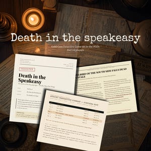 以下が含まれることがあります： 「Death in the Speakeasy」というタイトルのヴィンテージスタイルの探偵ゲームのテーブルシーン。ゲームには印刷された書類、ろうそく、燭台が含まれています。ゲームは1920年代に設定されており、1〜6人のプレイヤー向けです。