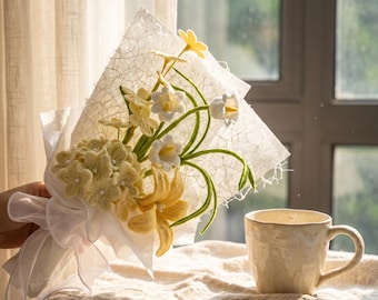 Handmade Yellow Fuzzy Wire Flower Bouquet – Chenille Stem Flowers – Bright Gift for Her