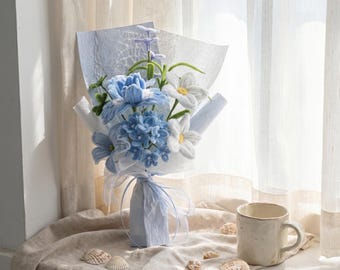 Blue and White Calm Bouquet, Handmade Coastal Floral Decor, Sympathy Gift, Serenity Desk Flower