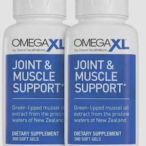 May include: Two white plastic bottles of OmegaXL dietary supplement. Each bottle has a blue label with white text that reads "JOINT & MUSCLE SUPPORT." The bottles contain 300 soft gels and are made with green-lipped mussel oil extract.