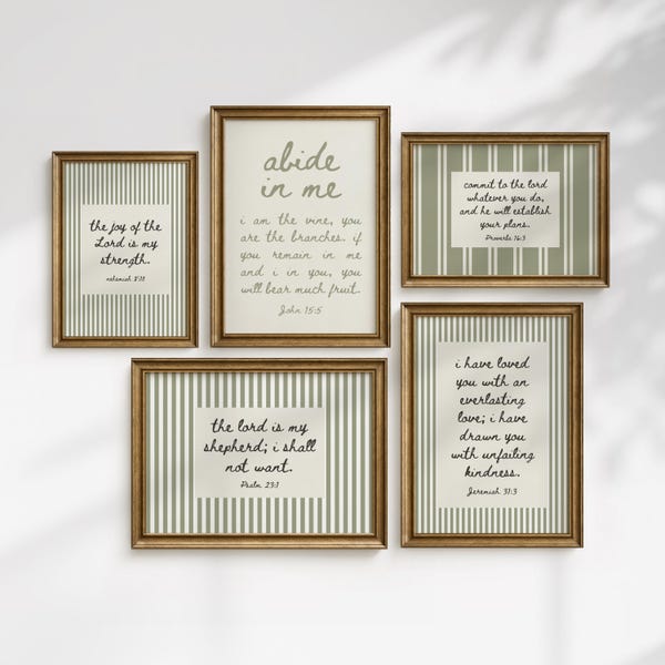Christian Bible Verse Prints Set of 5 bundle, Sage green Striped Scripture Wall Art, Vintage Christian Wall Decor (Digital Download) posters