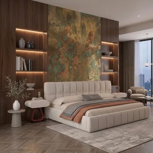 Cama de plataforma Cream Cloud | Estrutura de cama Queen Size estofada em chenille | Cabeceira moderna e minimalista | Mobiliário aconchegante para quarto | Design em blocos