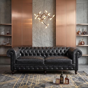 Vintage Leather Chesterfield Sofa | 3 Seater Tufted Couch | Oil Wax Genuine Sofa for Living Room, Cafe & Office