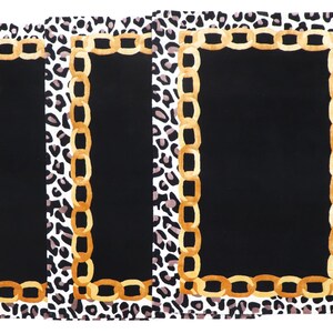 May include: Three rectangular placemats featuring a central solid black panel bordered by a gold-toned chain link graphic. The outer edge of each placemat displays a black, white, and grey leopard print pattern on a white background.