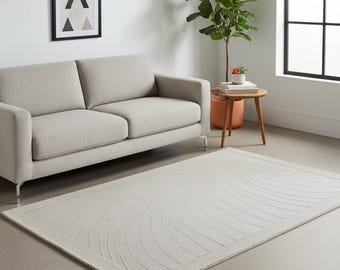 Hand-Tufted Wool Wave Rug: Sculptural Off-White Modern Area Carpet (5x7.6 ft)