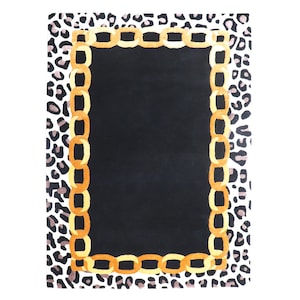 May include: A rectangular area rug featuring a solid black centre panel surrounded by a border of golden yellow interlocking chain links. The outer edge of the rug displays a repeating black and grey leopard print pattern on a white background.