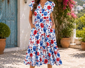 Americana Floral Bow Dress, Patriotic Dress for Women, July 4th Outfit, USA Summer Vacation Dress, Cute Independence Day Look