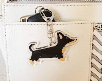 Chiweenie Clear Acrylic Keychain, double sided epoxy keyring/charm, Black and Tan smooth chiweenie, sausage dog, Cute keychain