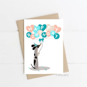 Dackel Geburtstagskarte, Happy Birthday, Silber/Grau/Schwarz Dapple Doxie Ballons Grußkarte, Hund, Dackel Karte, Dackel Hund