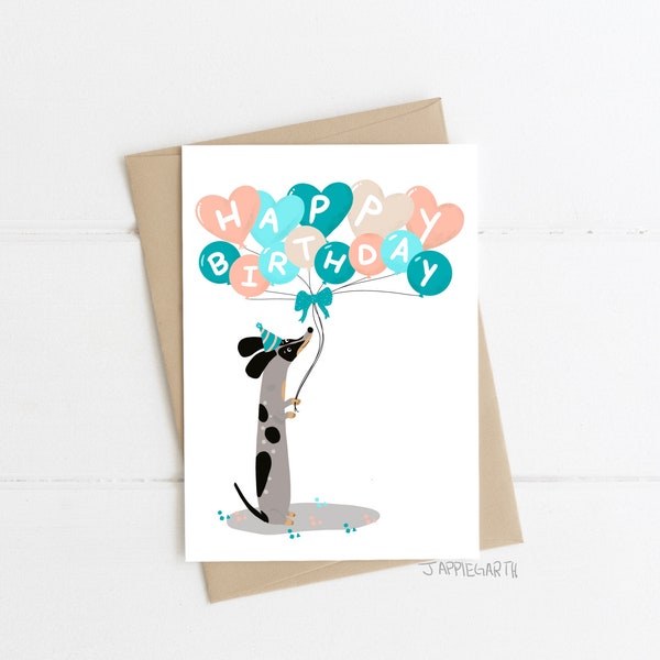 Dachshund Birthday Card, Happy Birthday, Silver/Grey/Black Dapple Doxie Balloons Greeting card, Dog, sausage dog card, wiener dog