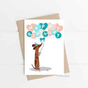 Dackel Geburtstagskarte, Happy Birthday, Brown Dapple Doxie Ballons Grußkarte, Hund, Dackel Karte, Dackel