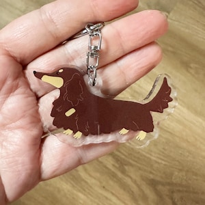 Chocolate Long Hair Dachshund Keychain: Double Sided Doxie Charm