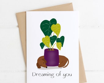 Dachshund Greeting Card, Dreaming of You, Dachshund thinking of you card, sausage dog, wiener dog card, dachshund illustration, plant