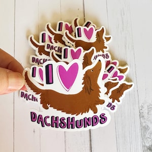I Herz Dachshund Vinyl Sticker, 3", Roter Langhaar Dackel, Doxie Sticker Dackel Kunst