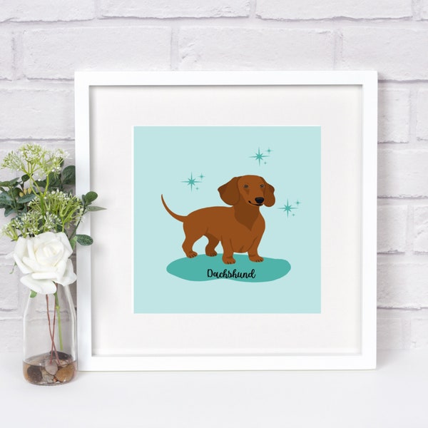 Dachshund Art Print, 8"x8",  Red Smooth Coat doxie wall art, cute dog art, unframed art print, Teckel, Weiner dog art, home decor