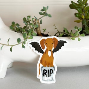 Doxie Vinyl Sticker, RIP,  halloween sticker, Dachshund dressed as bat on tombstone Humor, halloween unique gift
