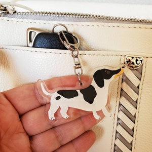 May include: A white and black dachshund keychain with a clear acrylic background. The keychain is attached to a silver chain and is hanging from a white purse.