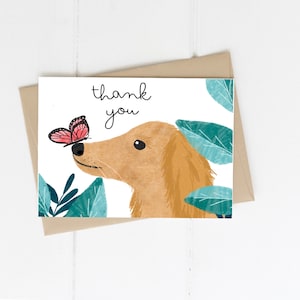 Carte de remerciement teckel, Merci, dégradé, Teckel blond poil long avec papillon, carte de voeux chien saucisse