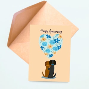 Jubiläums Doxie Grußkarte, alles Gute zum Jubiläum, Dackel mit Blumenherzkarte, Liebeskarte, Herzen, Dackel, Dackel