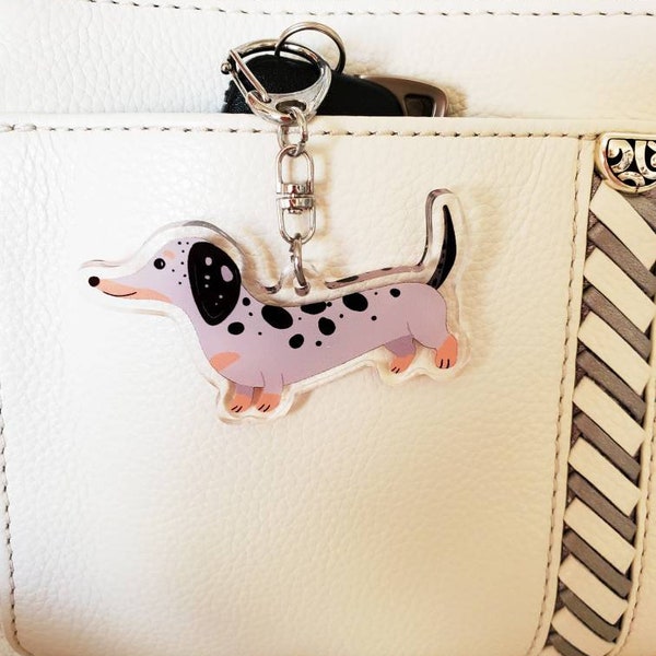 Dachshund Keychain, Doxie keychain, double sided acrylic keyring/charm, DAPPLE Silver smooth doxie, sausage dog, Cute doxie keychains