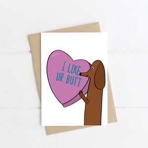 Dackel Humor Grußkarte, I Like UR Butt, Liebeskarte, süße lustige Karte, Herzen, Dackel Karte, Dackel Illustration