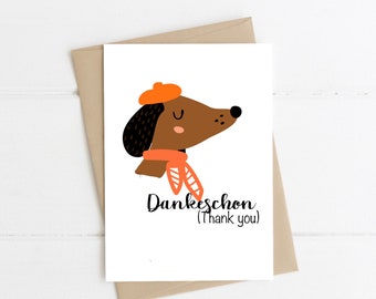 Dachshund Thank You card, Dankeschon, Dachshund Thank you Greeting card sausage dog greeting card dachshund illustration dachshund art