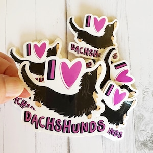 I heart Dachshund Vinyl Sticker, 3", Black & Tan Langhaar Doxie Art - Süßer Hundeliebhaber Aufkleber, Dackel Accessoires