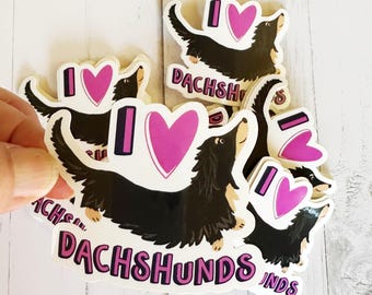 I Heart Dachshund Sticker: Black & Tan Long-Haired Doxie Art