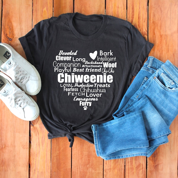 Chiweenie word art tshirt, Unisex Jersey Short Sleeve Tee, Bella tee, doxie chihuahua personality traits, lettering, cute chiweenie shirt