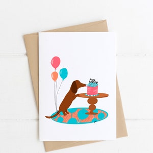 Dackel Geburtstagskarte, Happy Birthday, Dackel Geburtstagskuchen und Luftballons Grußkarte, Hund mit Kuchen, Dackel Karte, Dackel