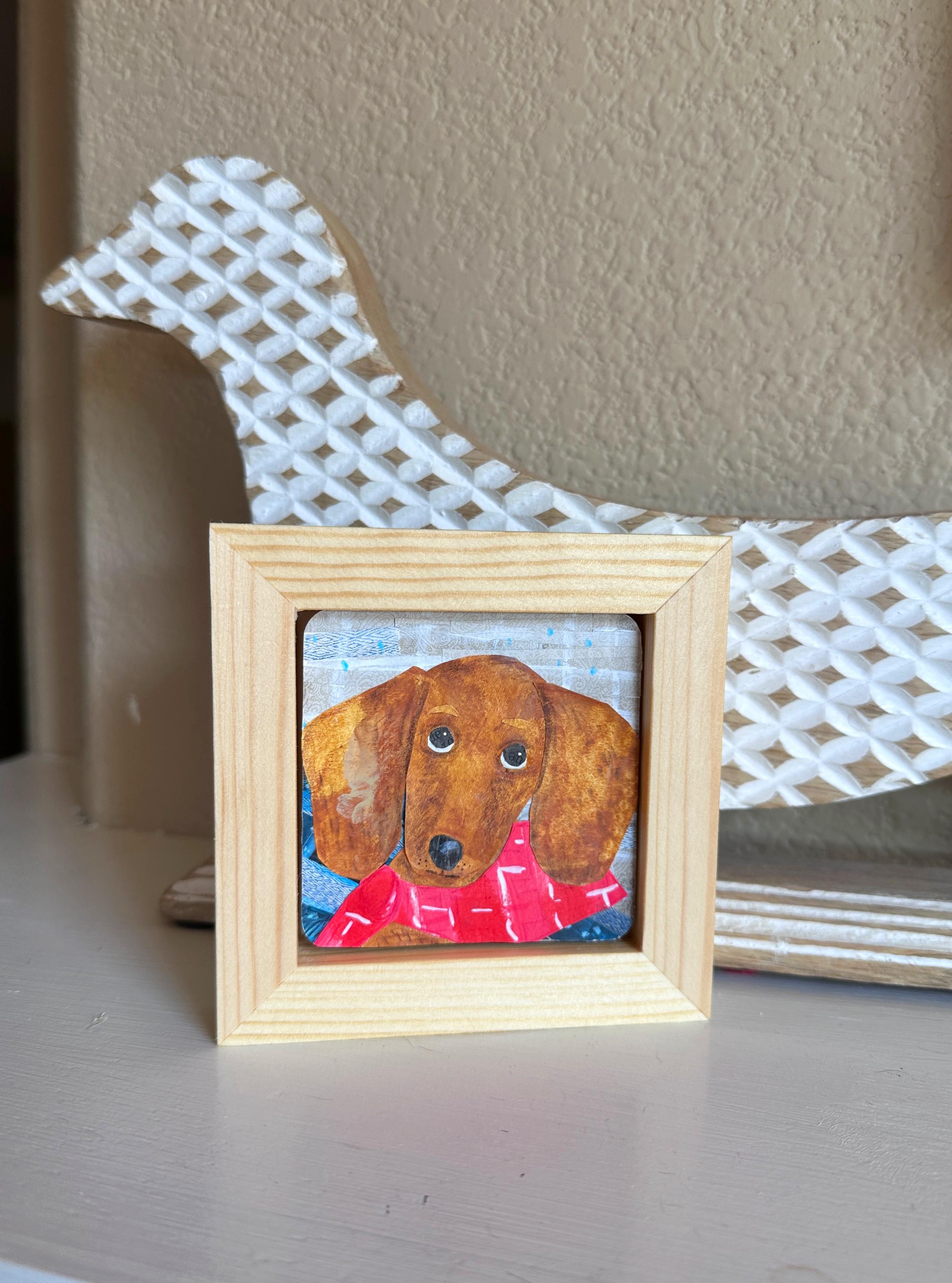 Original dachshund miniature collage, brown smooth doxie in red bandana, unframed or framed option, 3"x3"