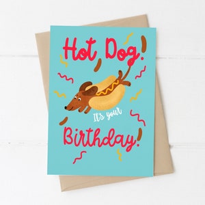 Dackel Geburtstagskarte, Happy Birthday, Hot Dog, Geburtstagskarte, Doxie als Hot Dog, Dackel Karte, Dackel verkleidet