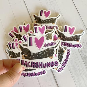 I Herz Dachshund Vinyl Sticker, 3", Black Tan Dapple Glatter Dachshund, doxie sticker dachshund