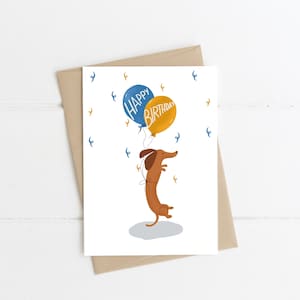 Dackel Geburtstagskarte, Floating Dackel Geburtstagsballons Grußkarte, lustige Karte, Dackel, Dackel Illustration