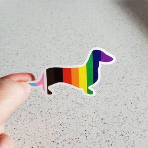 Sticker teckel, saucisse arc-en-ciel, carte de fierté LGBTQ, couleurs du drapeau arc-en-ciel, carte vinyle autocollant teckel, chien saucisse, illustration de teckel