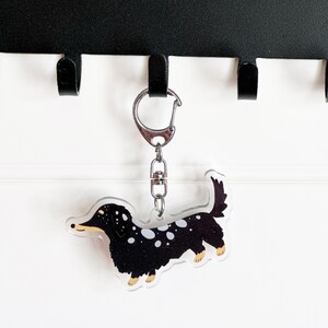 Black Dapple Long Hair Dachshund Keychain: Double Sided Doxie Acrylic Charm